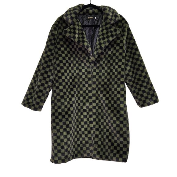 Womens Checkered Faux Fur Fuzzy Checkerboard Outerwear Coat Mid Length XL - Picture 1 of 9